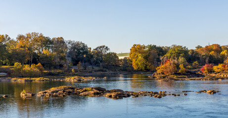 Scenic Woodruff Riverfront Park and Historic Riverfront Industrial District in Columbus, Georgia, at sunset