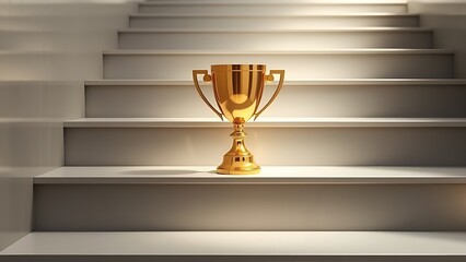 middleground. A golden trophy rests on a central staircase step, symbolizing achievement with elegant lighting and a minimalist polished metal surface. event key visuals.