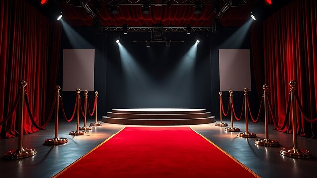 tunicle. Empty award podium on red carpet with velvet ropes, ceremonial space with soft lighting. event programs, museum guides, designed for cultural heritage projects and event programs.