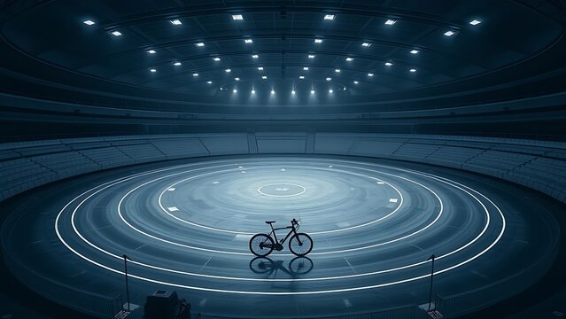 velodrome. Vast empty indoor cycling arena with circular track under dim lighting. event key visuals, club posters, designed for sports event promotions and stadium branding.