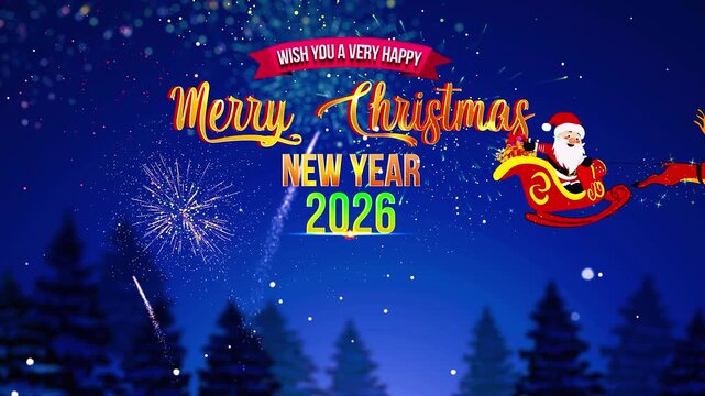 Santa Claus on a sleigh and his reindeer wishes Christmas New Year 2026 4k Transparent Loop	
