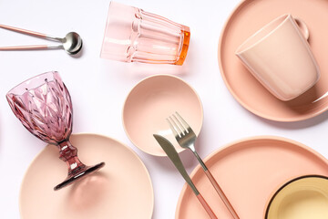 Beautiful table setting with silver cutlery on grey background