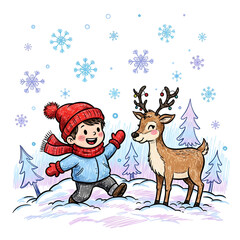Naklejka premium A cheerful boy plays in the snow with a reindeer decorated with Christmas lights on its antlers.