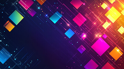 Dynamic Abstract Technology Background with Neon Squares, Light Trails, and Geometric Shapes