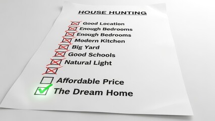 House Hunting Checklist Marking Off Needs for The Dream Home with an Affordable Price, While Evaluating Location, Bedrooms, Kitchen, School District, and Natural Light