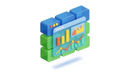 Isometric illustration portraying data visualization, analytics, and progress monitoring efficiently
