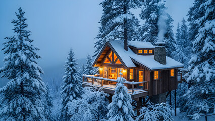 Tree house cabin during winter, snow-covered pine trees, warm glowing lights inside