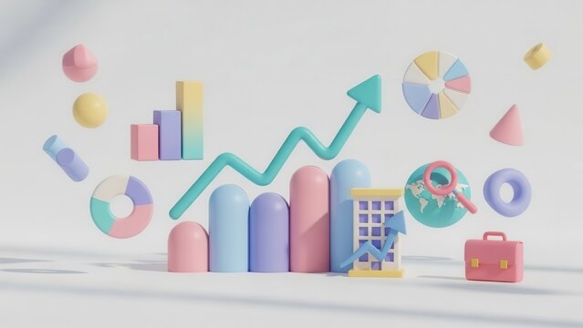 Pastel themed financial growth data with graph, globe, and building icons visualization