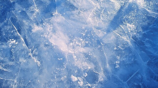 Stunning Aerial View of Frozen Lake Surface with Intricate Ice Patterns and Sunlight Reflections, Perfect for Winter Design Themes and Cold Temperature Visuals