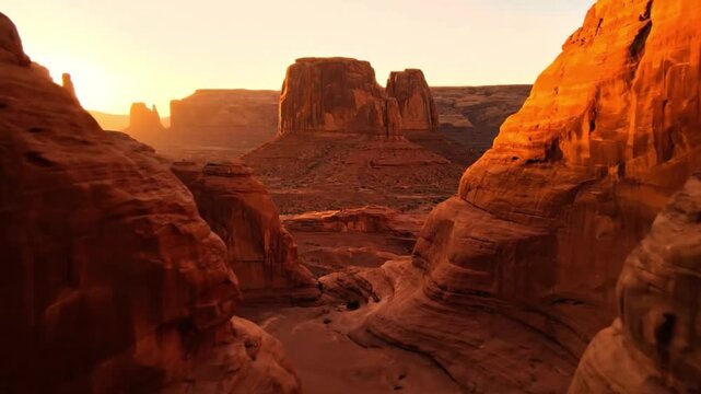 Majestic Sandstone Canyon Slot Gorge Opening to Distant Desert Buttes at Sunset Warm Light Intense Orange Walls Southwest USA Landscape