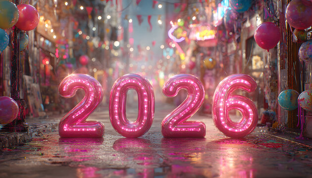 Gleaming neon numbers "2026" illuminate a celebratory scene with shimmering balloons and confetti, signifying a vibrant New Year's Eve event. - Powered by Adobe