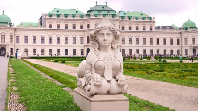 Sphinx statue in front of Belvedere palace in Vienna, Austria. Summer in Europe travel, famous tourism destination.