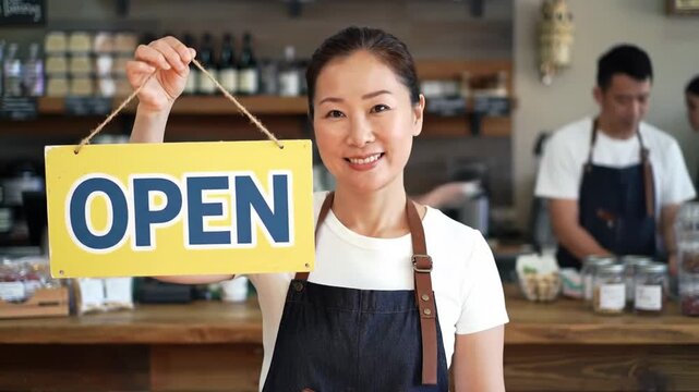 Smiling cafe owner holds "Open" sign, ready for business, with staff in background, usable for announcements