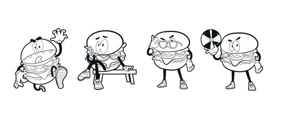 Wacky lowbrow burger characters in clean lineart style showing fun expressive poses ideal for sticker packs apparel prints merchandise branding outlines monochrome art and creative illustration themes