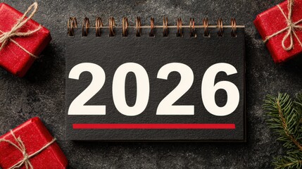 Calendar page displaying the year two thousand twenty-six is framed by holiday gifts and evergreen foliage