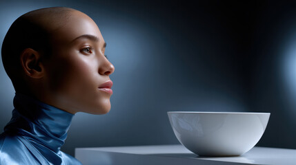 An elegant model poses with a minimalist aesthetic against a dark background, focusing on the artistic balance between light, shape, and the simplicity of a modern bowl.