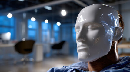 A close-up view of a lifelike mannequin head positioned in a sleek, contemporary office environment, showcasing a blend of art and technology in human representation.