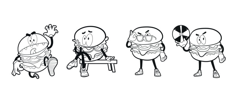 Wacky lowbrow burger characters in clean lineart style showing fun expressive poses ideal for sticker packs apparel prints merchandise branding outlines monochrome art and creative illustration themes
