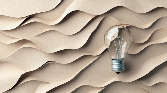 A clear light bulb rests on a surface of layered paper waves, creating a textured and abstract composition with soft lighting.