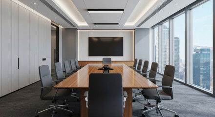 Contemporary Executive Boardroom with Elegant Wooden Table, Ergonomic Seating, and Expansive Cityscape Views, Ideal for High-Level Discussions and Productive Collaboration