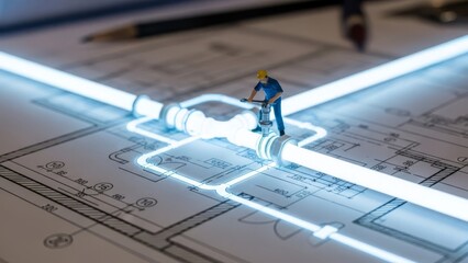 Concept of an electrician working on a glowing pipe diagram, representing electrical engineering and infrastructure development with a blueprint background, symbolizing complex connections
