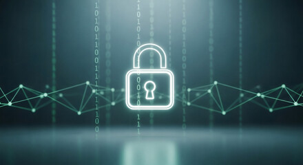 Advanced Cybersecurity Concept Depicting a Secure Digital Environment with a Padlock Symbol, Binary Code, and Abstract Network Connections, Emphasizing Data Protection and Online Privacy