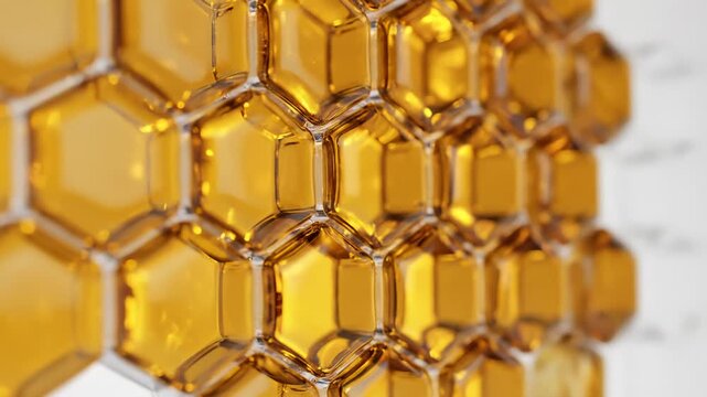 Liquid Honey Slowly Fills Up the Clear Honeycomb Structure in Close-Up
