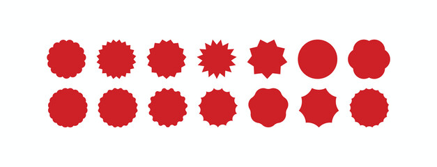 Red and black stamp seal vector set. Starburst, rosette, and jagged circle badges or sticker labels collection for price or warranty design
