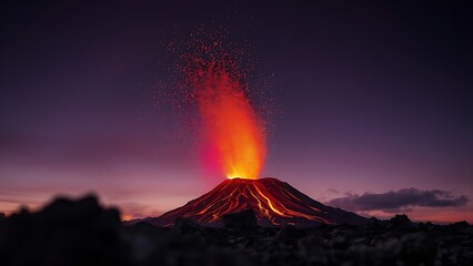 capitulating. Volcanic eruption launching rocks into a dark red sky, dramatic natural scene. travel magazines, destination branding, designed for travel destination branding, used by store managers.