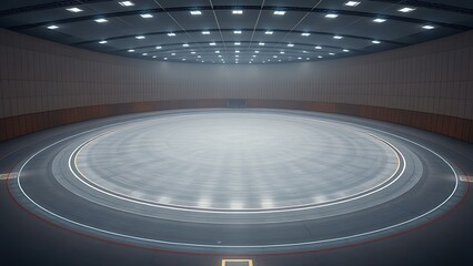 velodrome. Vast empty indoor cycling arena with circular track under dim lighting. event key visuals, club posters, designed for sports event promotions and stadium branding.