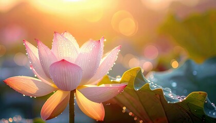 Close-up of a beautiful pink lotus flower covered in water droplets, blooming in bright sunlight, with a blurred background.
