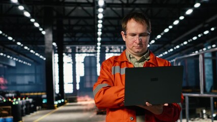 Factory staff member uses workshop tools to inspect steel components, illustrating professional labor, engineering concepts and automated development behind industrial production. Camera B.