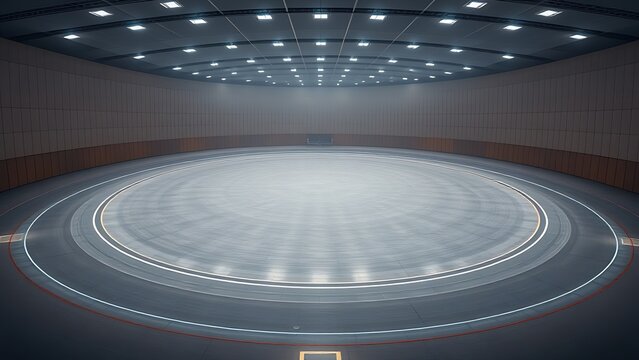 velodrome. Vast empty indoor cycling arena with circular track under dim lighting. event key visuals, club posters, designed for sports event promotions and stadium branding. - Powered by Adobe
