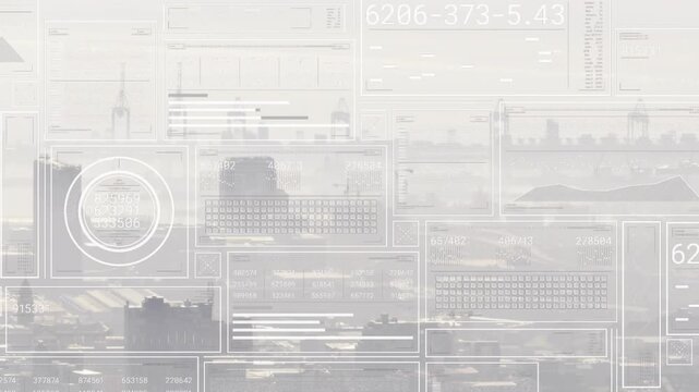 On data burst HUD overlay updating over skyline haze, showing shifting gauges, codes for monitoring