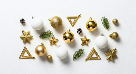 Elegant Gold and White Holiday Decorations Flat Lay Festive Baubles, Stars, and Pine Needles on a Clean Background