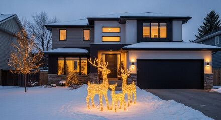 Cozy winter evening at a modern home, beautifully decorated with festive lights and illuminated reindeer, creating a warm and inviting atmosphere in a snowy residential setting.