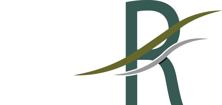The image presents a visually striking design centered around a stylized letter 'R' rendered in a dark teal color, which conveys a sense of sophistication and depth.