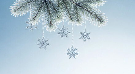 Beautifully frosted evergreen branch adorned with sparkling delicate snowflakes against a serene blue winter sky, perfect for holiday greetings and seasonal designs.
