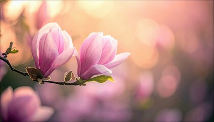 Close-up of pink magnolia flowers in bloom on a branch, with a blurred background and soft sunlight.