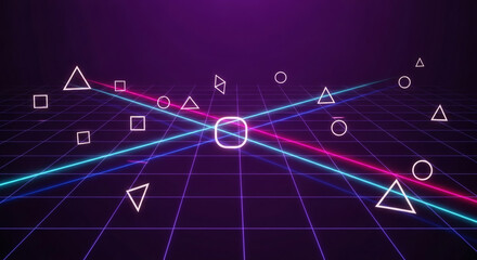 Dynamic retro-futuristic grid with crossing neon light beams and abstract geometric shapes creating a vibrant digital landscape