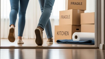 Moving house with cardboard boxes and supplies by the entrance, symbolizing a new beginning and relocation, a fresh start for a family or individual