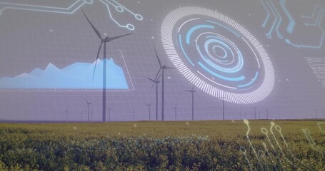 Row of wind turbines, hologram HUD appearing, pulsing rings, area graph rising showing output - Powered by Adobe