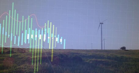 Sensor data starting, data overlay expanding over wind farm, bars rising, lines showing output - Powered by Adobe