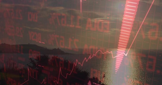 Sun reflection starting red overlays while dotted chart and arrows growing, showing market growth