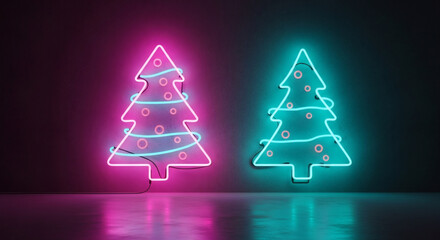 Stylish Glowing Neon Christmas Trees in Pink and Blue Hues - Contemporary Holiday Decoration for Festive Season Celebrations and Modern Design