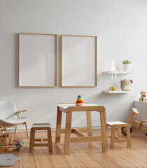 Poster frame mockup close up in cozy and brightly lit nursery room or playroom featuring a small- 3D rendering
