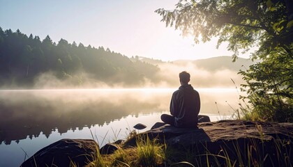 A man sits in meditation by a lake, surrounded by nature at sunrise. The scene is peaceful and tranquil.