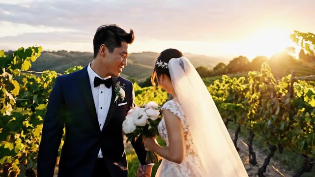 Happy couple in wedding attire walking together outdoors during golden hour