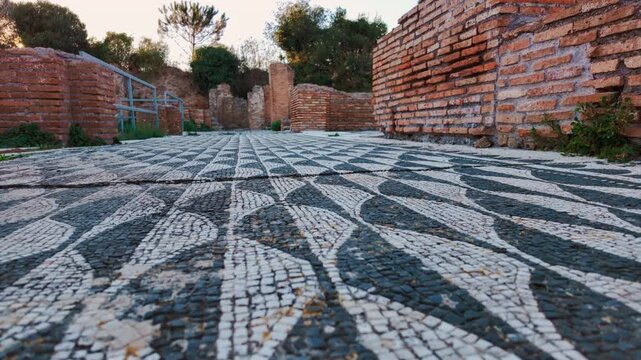 Stunning floor mosaic at Ostia Antica, the old port of Rome, Lazio, Italy, dating back to the 7th century BC