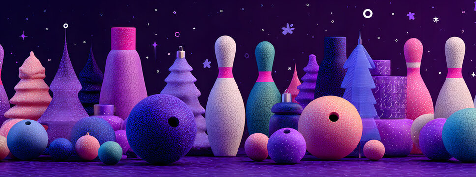 bowling Christmas and New Year sport banner. Merry Christmas tech greeting card with xmas ball as a bauble on purple neon background. Vector illustration
